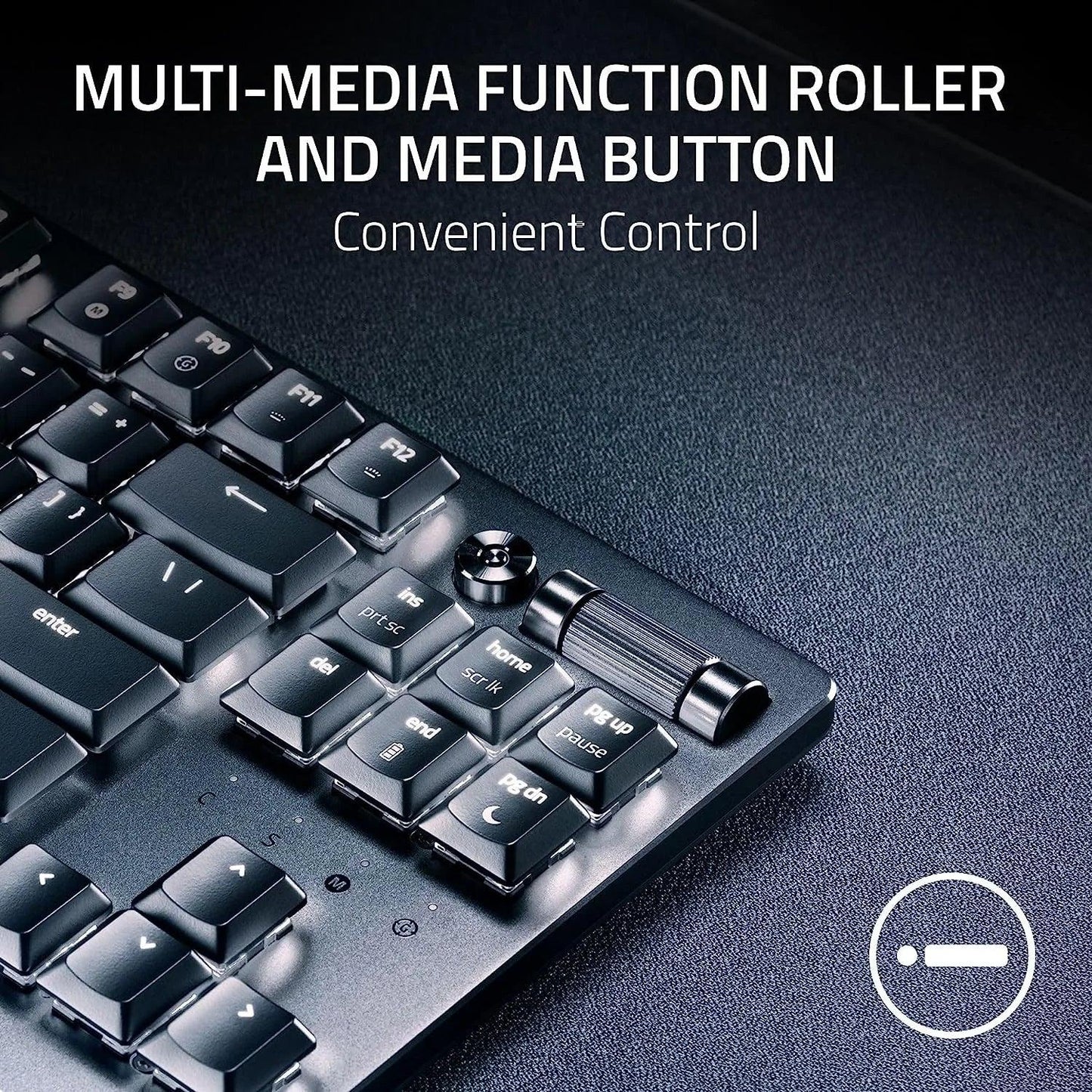 Gaming keyboard with multimedia function roller and media button on desk, Byte Style gear.