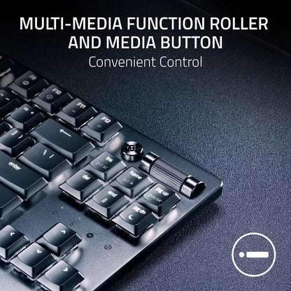 Gaming keyboard with multimedia function roller and media button on desk, Byte Style gear.