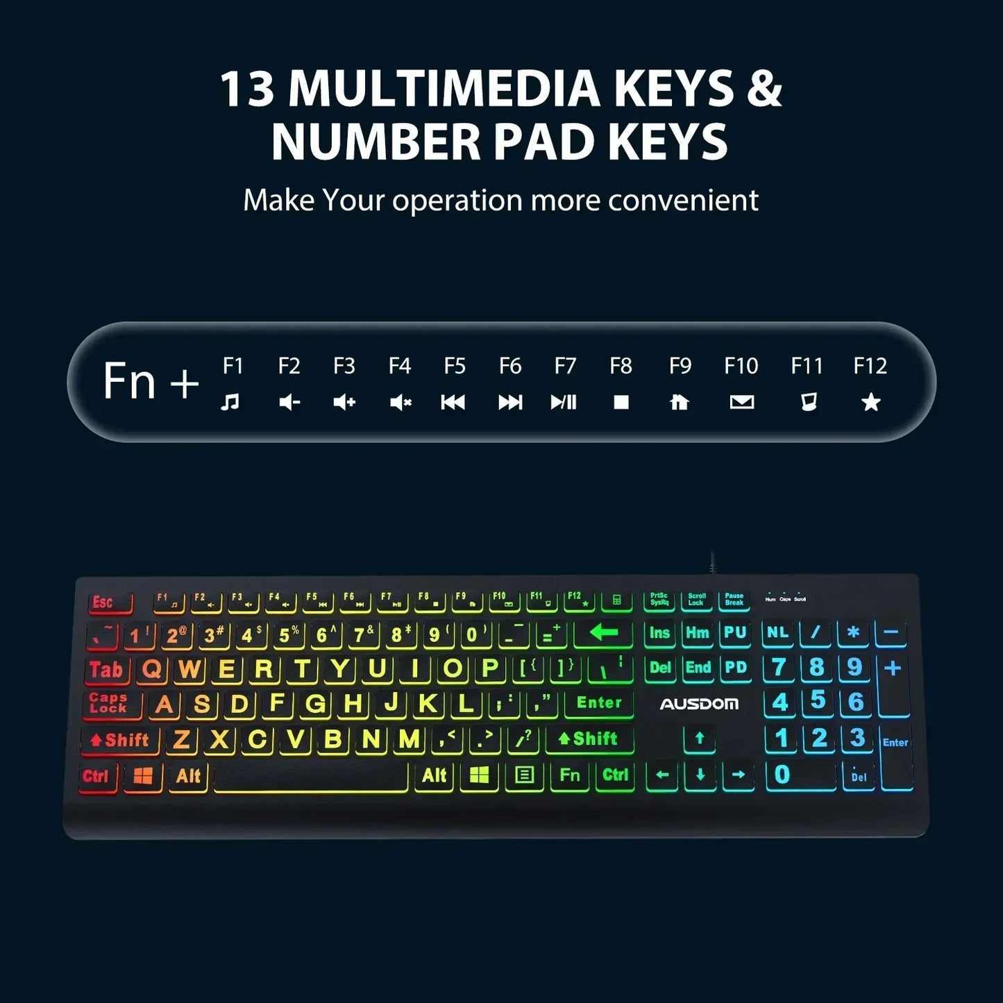 RGB backlit gaming keyboard with 13 multimedia keys, number pad, and retro 8-bit style design