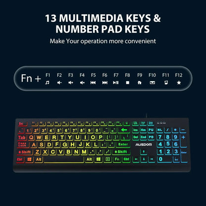 RGB backlit gaming keyboard with 13 multimedia keys, number pad, and retro 8-bit style design