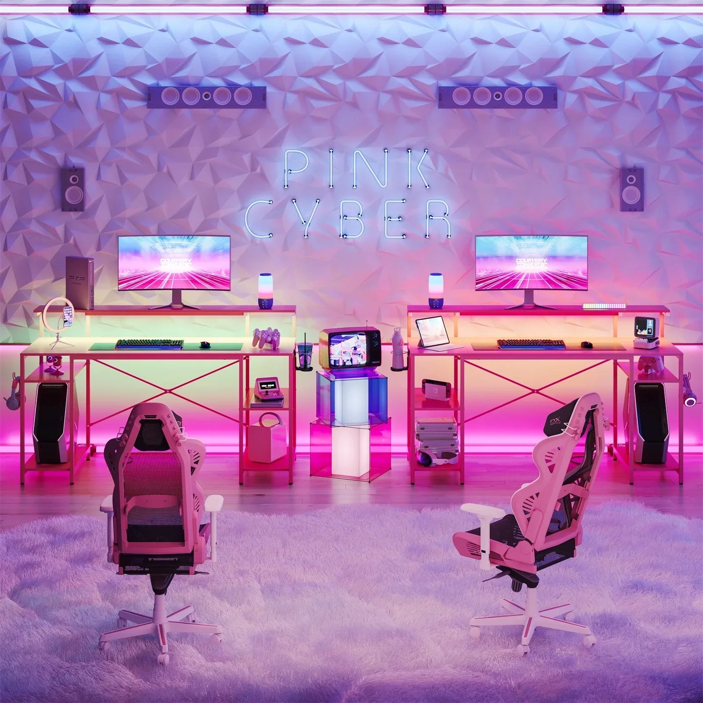 55" Pink Gaming Computer Desk with LED Light & Monitor Stand Corner Desk for Home Office, Pink Carbon Fiber