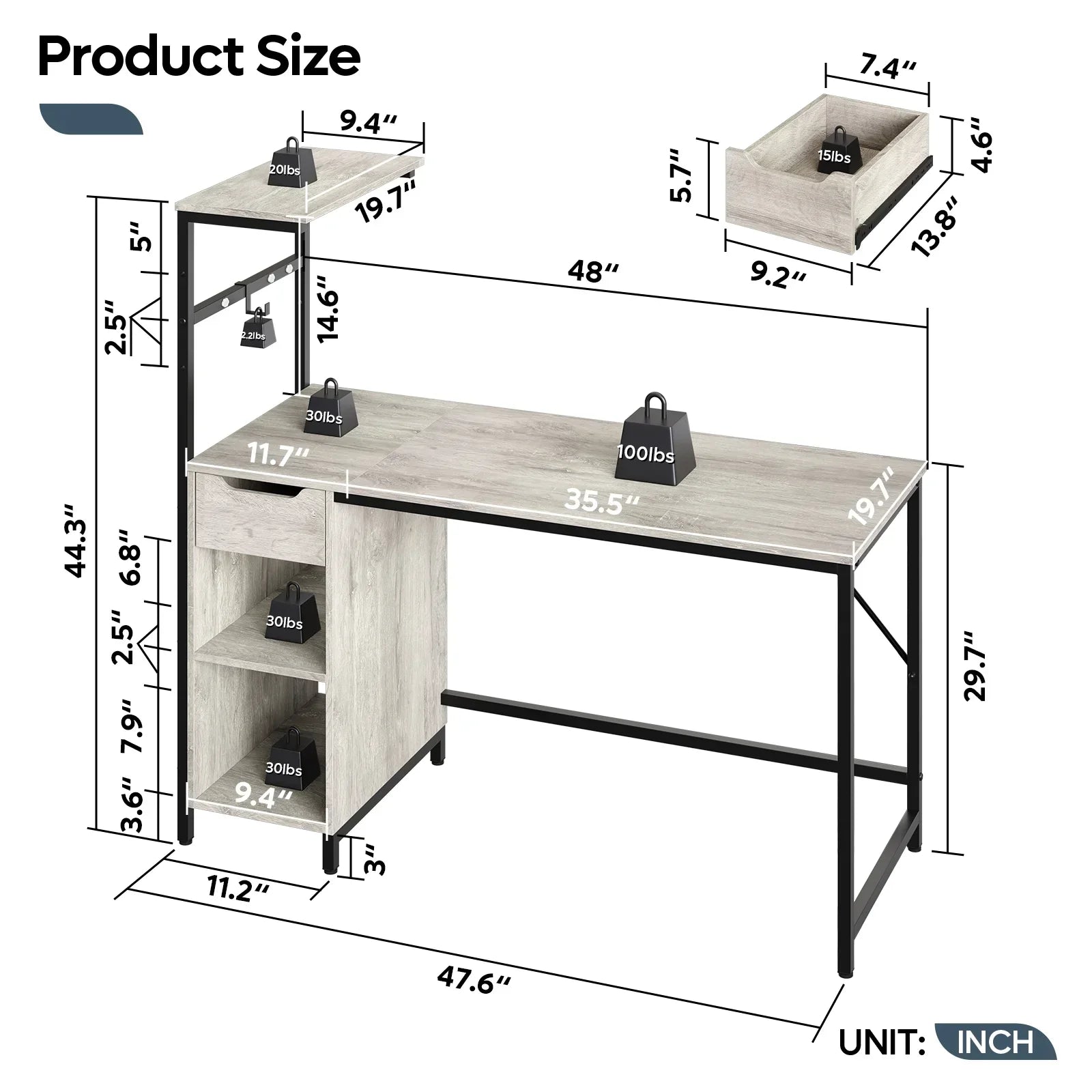 Home Office Desk Computer Gaming PC Study Table with Adjustable Shelf and LED Lights, Light Gray
