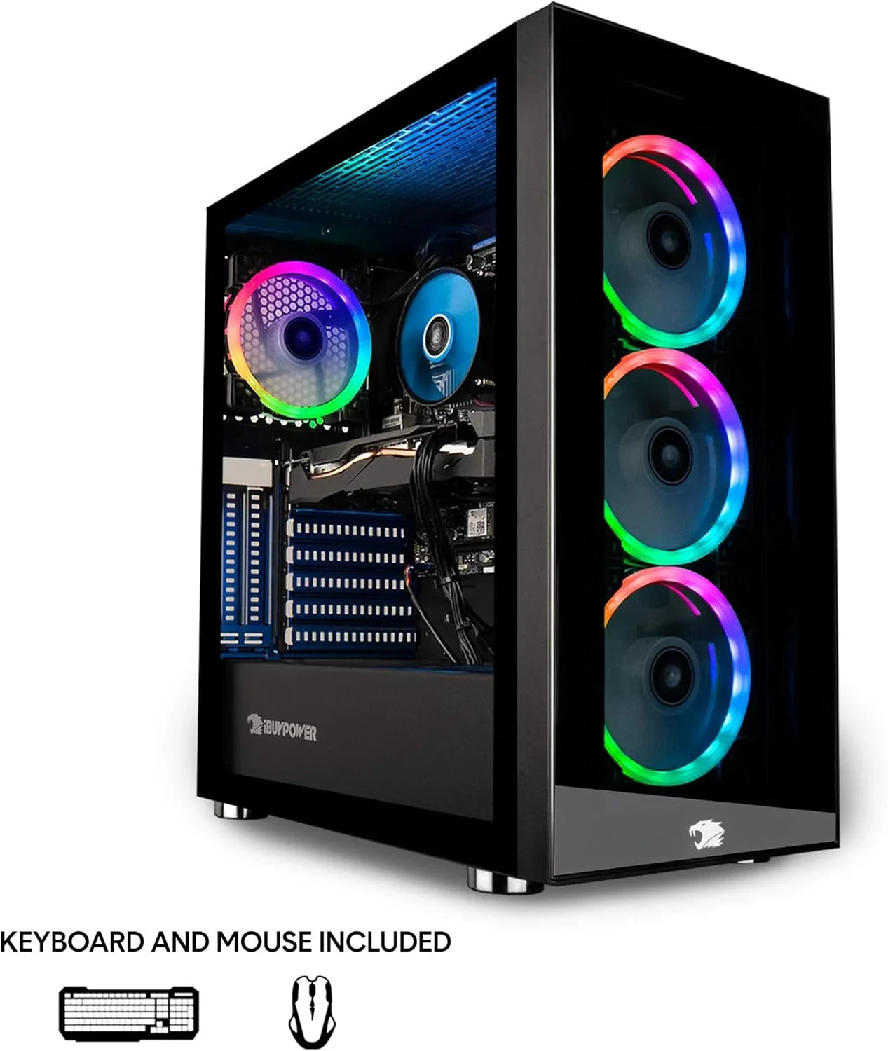 Black iBUYPOWER gaming PC tower with RGB fans and transparent side panel showing internal components