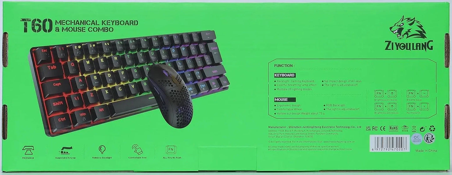 T60 mechanical keyboard and mouse combo with RGB backlight on green box packaging by Ziyou Lang