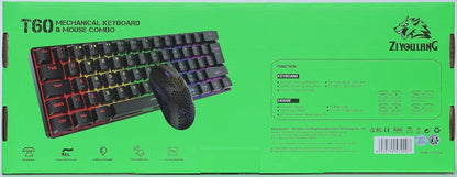 T60 mechanical keyboard and mouse combo with RGB backlight on green box packaging by Ziyou Lang