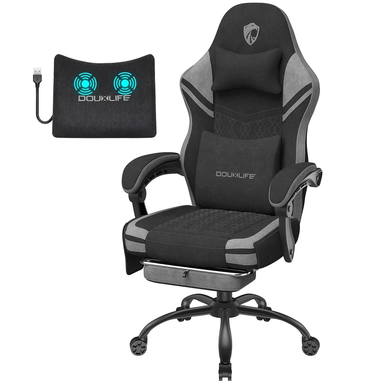 Black and gray Douxlife gaming chair with lumbar and headrest pillows, featuring USB heating pad accessory
