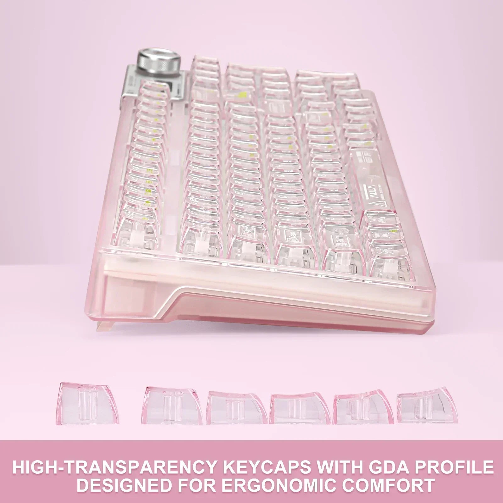 Transparent pink mechanical keyboard with GDA profile keycaps on a pastel background, Byte Style gaming gear
