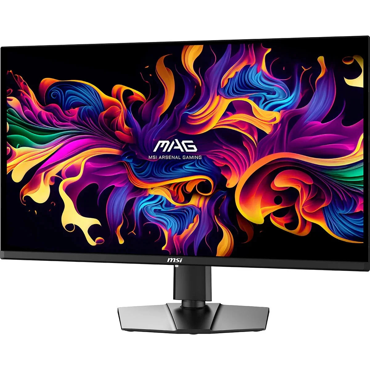 MSI Arsenal Gaming curved monitor with vibrant abstract colorful swirls on screen, black stand