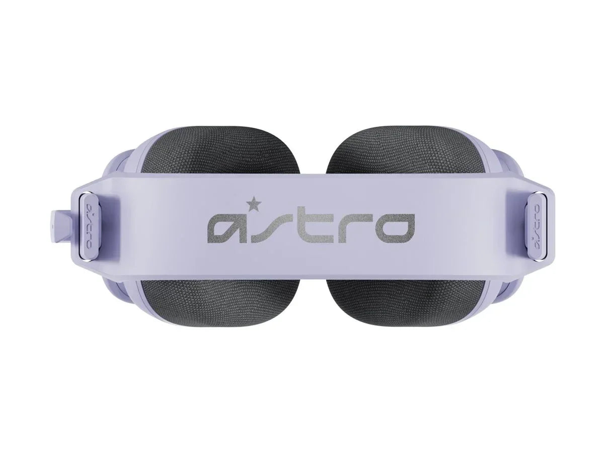 Top view of purple Astro gaming headset with gray ear cushions on white background