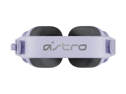 Top view of purple Astro gaming headset with gray ear cushions on white background
