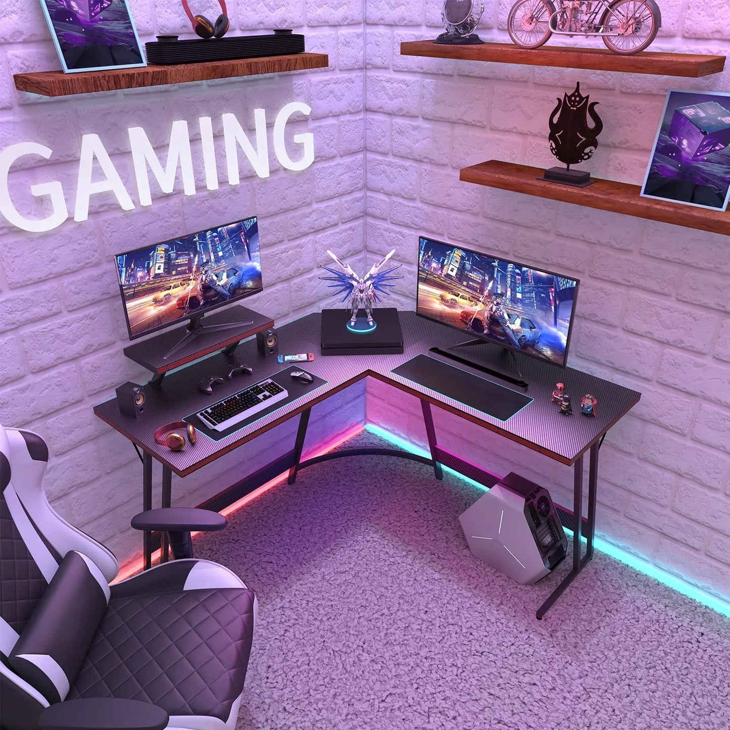 Modern gaming setup with dual monitors, RGB lighting, gaming chair, and desktop PC in corner desk