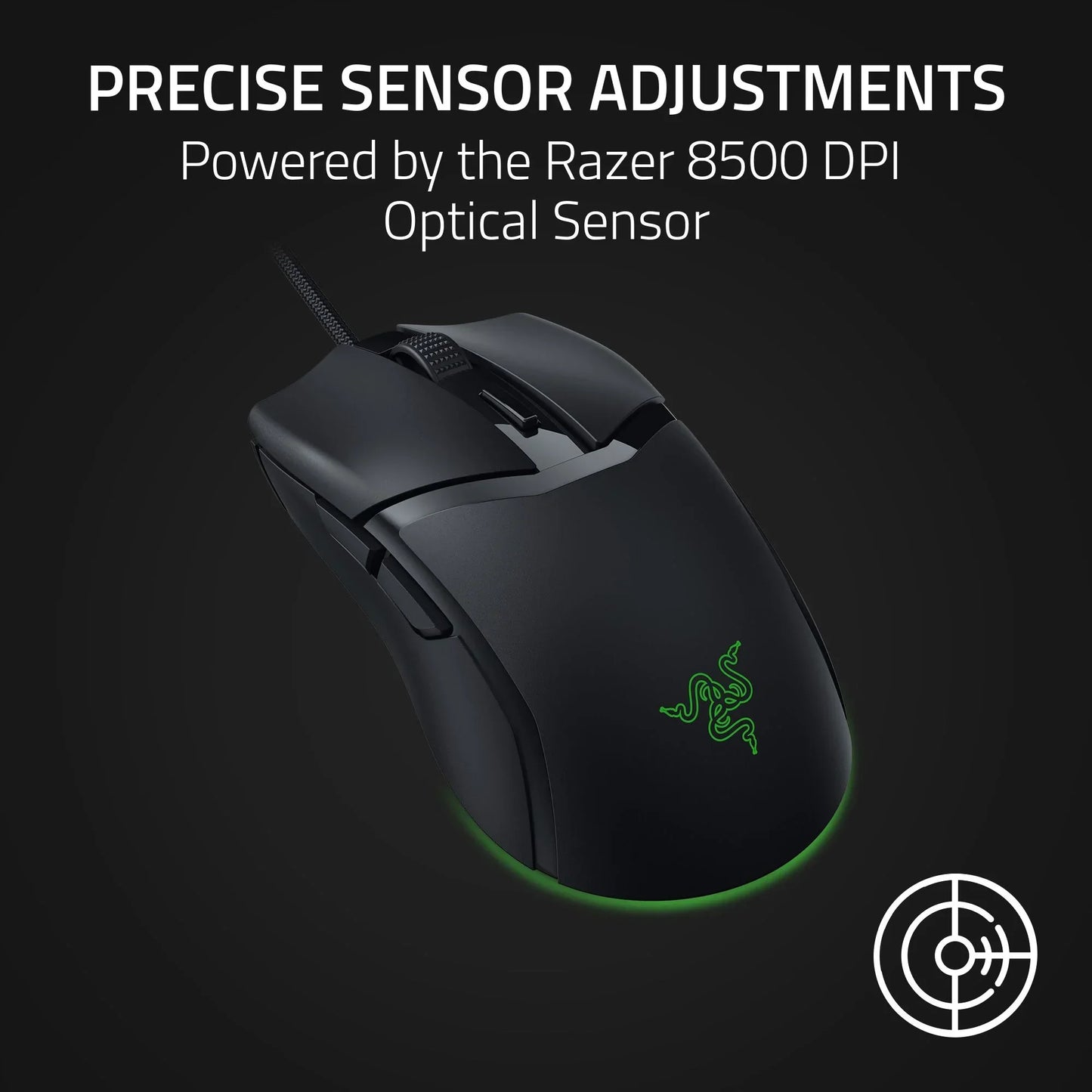 Black wired Razer gaming mouse with green logo and precise 8500 DPI optical sensor text