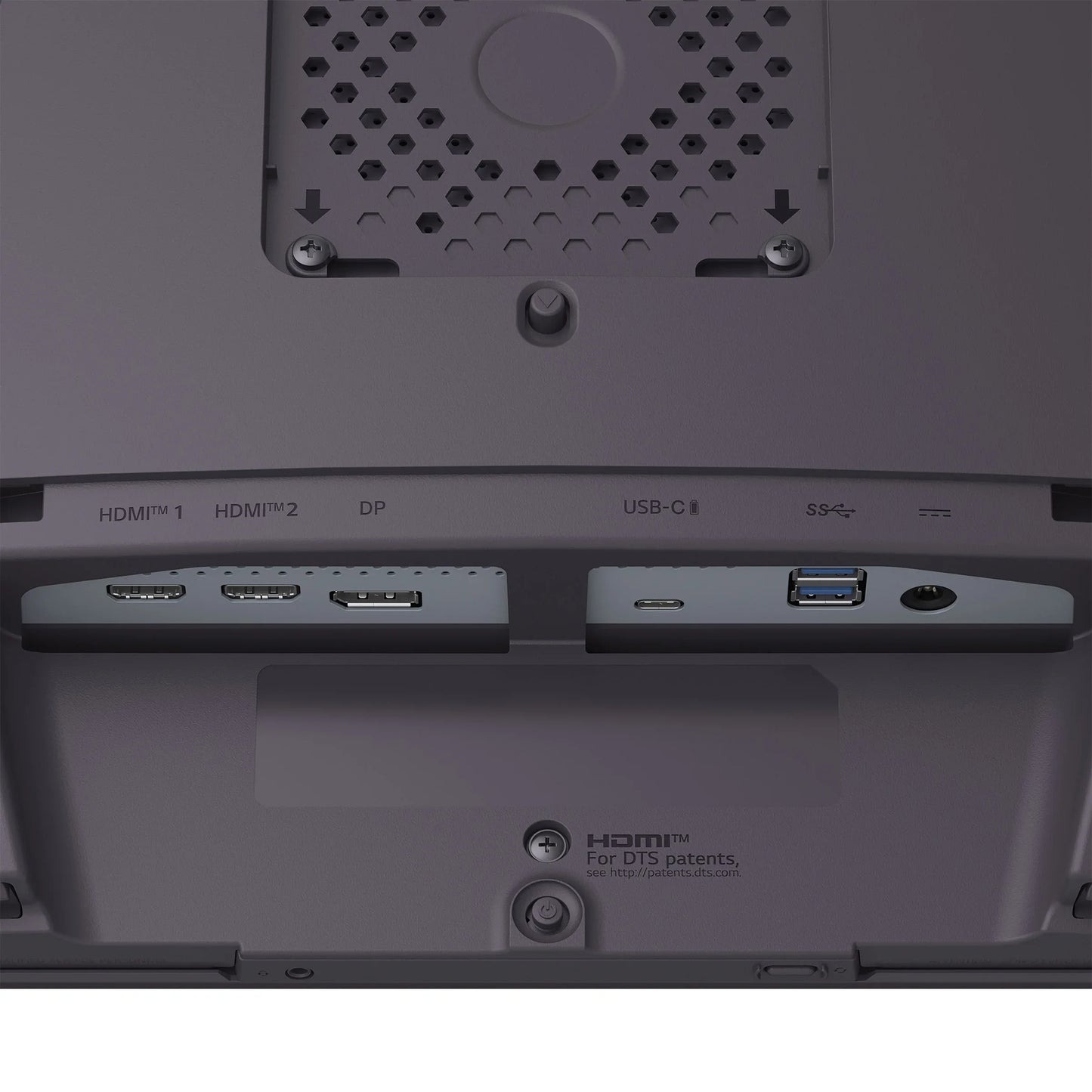 Back panel of a monitor showing HDMI, DisplayPort, USB-C, USB 3.0, and power ports