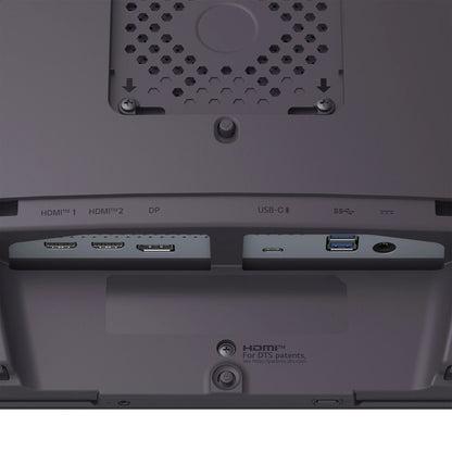 Back panel of a monitor showing HDMI, DisplayPort, USB-C, USB 3.0, and power ports