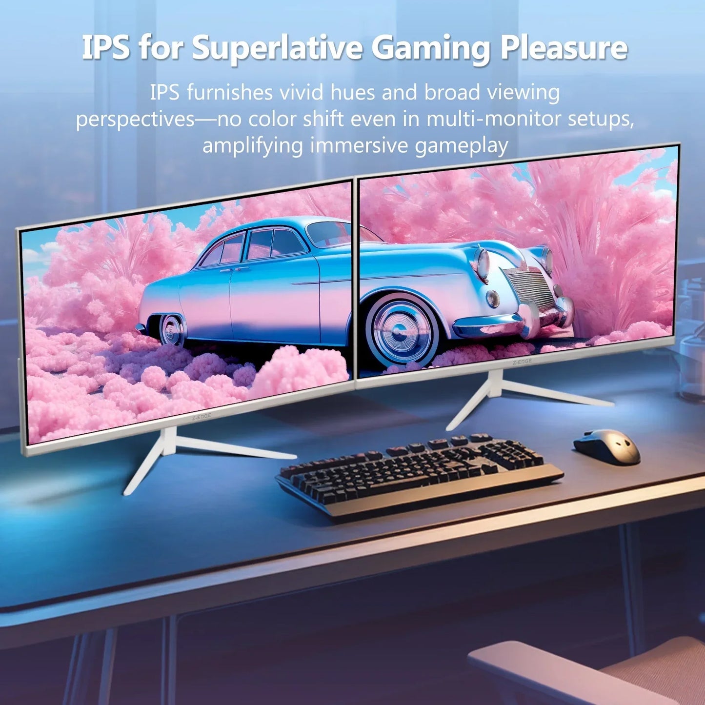 Dual curved gaming monitors on desk displaying vivid blue vintage car with pink clouds, RGB keyboard and mouse setup