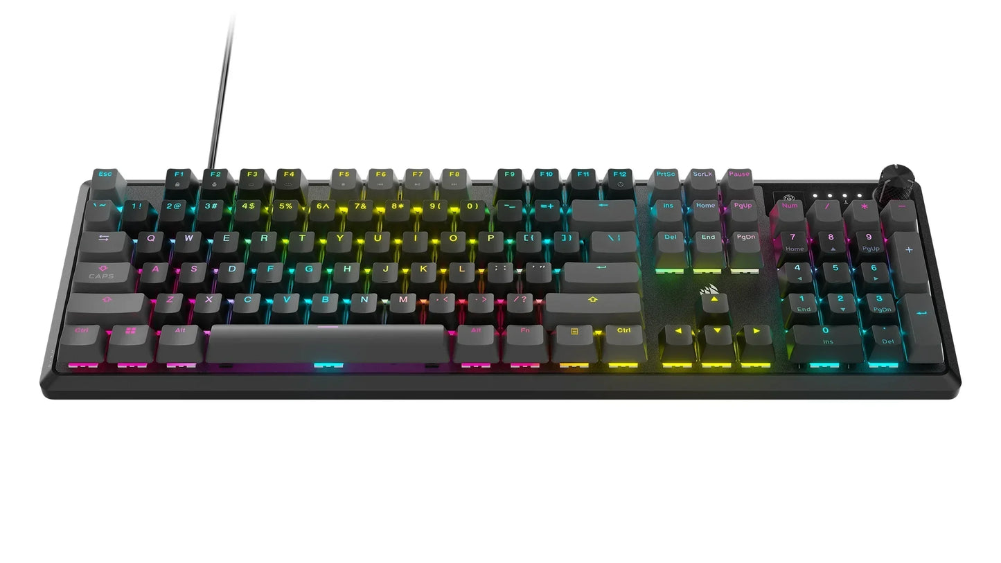 RGB backlit mechanical gaming keyboard with numeric keypad, modern gaming setup