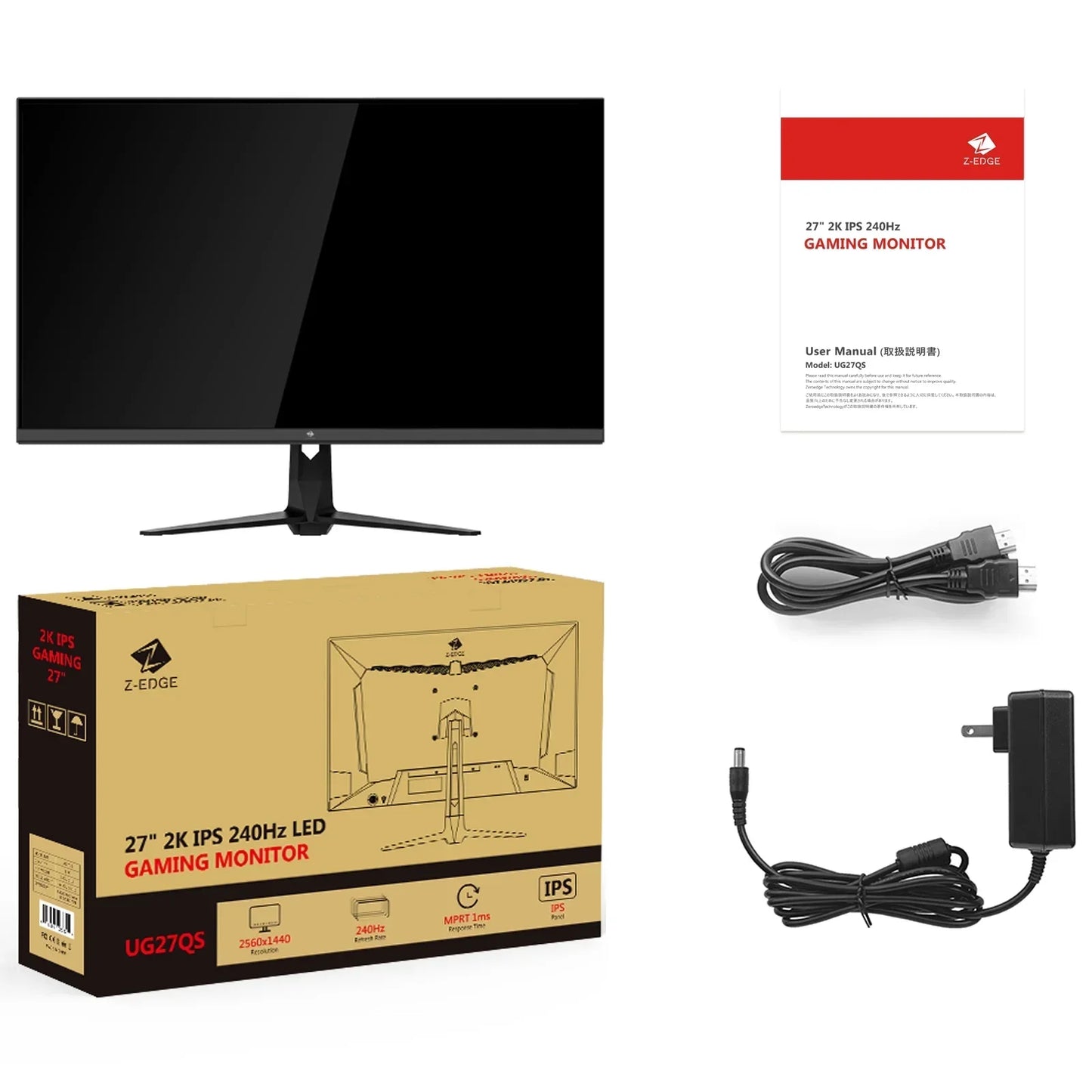 Z-Edge 27-inch 2K IPS 240Hz gaming monitor with packaging, user manual, HDMI cable, and power adapter