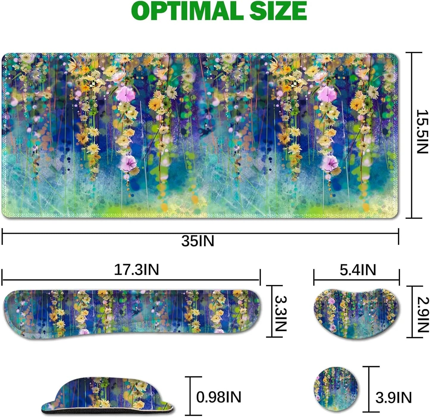 Floral-themed gaming desk mat and accessories set in blue and green hues with hanging flowers, measurements shown