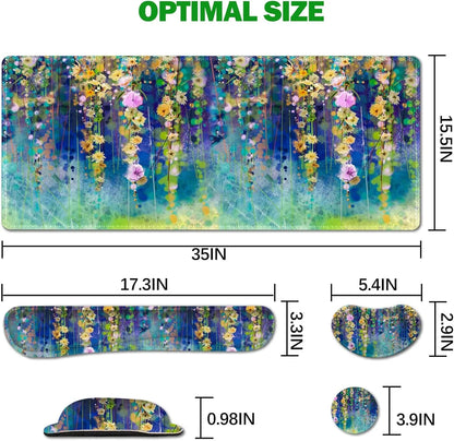 Floral-themed gaming desk mat and accessories set in blue and green hues with hanging flowers, measurements shown