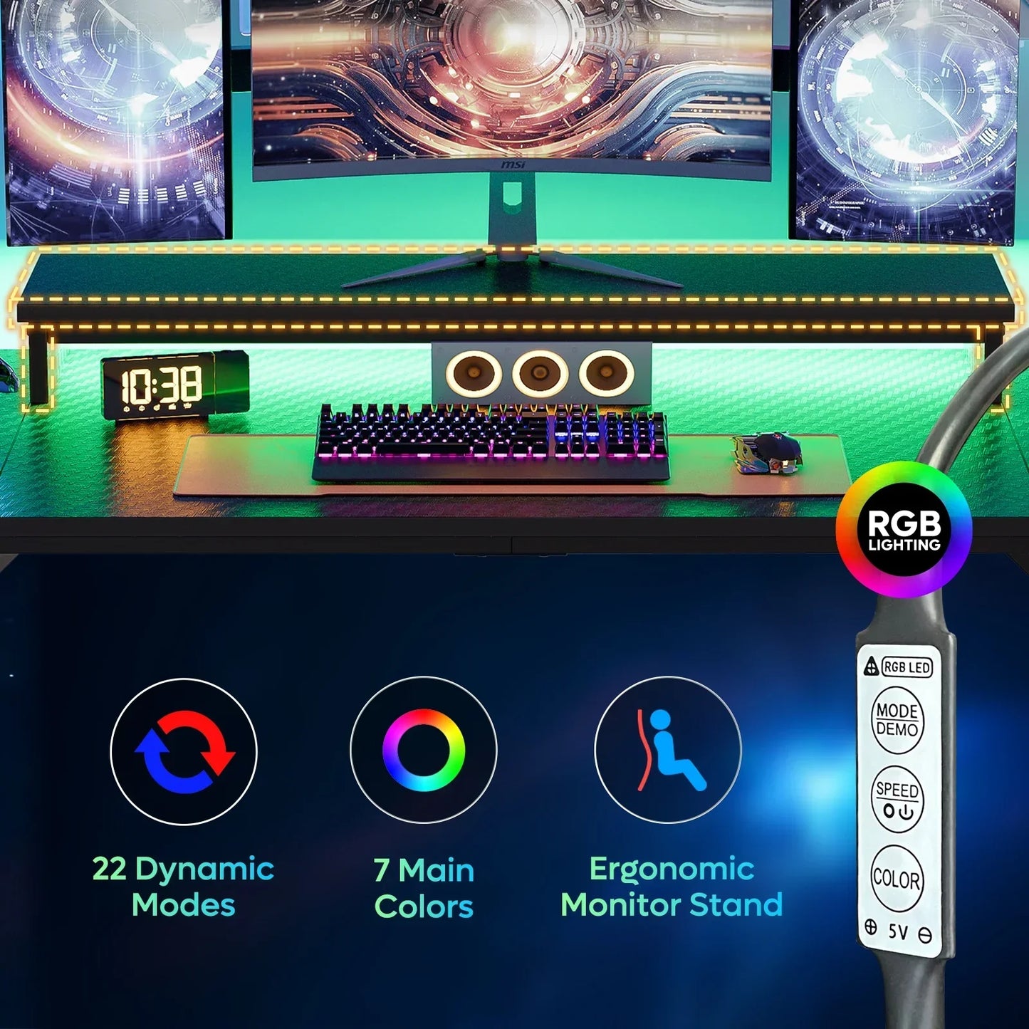 Ergonomic RGB monitor stand with triple display setup, gaming keyboard, mouse, and RGB lighting controls