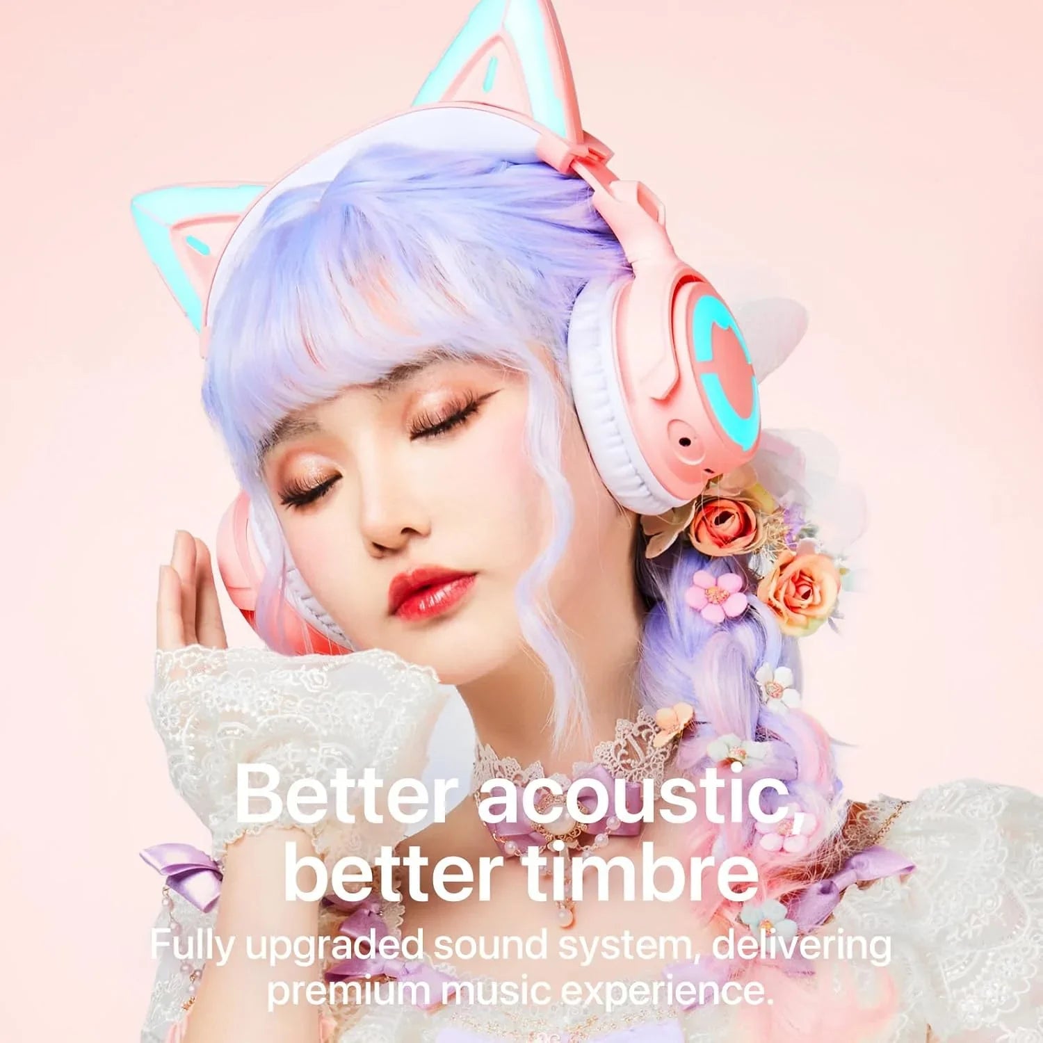 Woman with pastel purple hair wearing pink cat ear headphones and lace gloves, promoting upgraded sound system