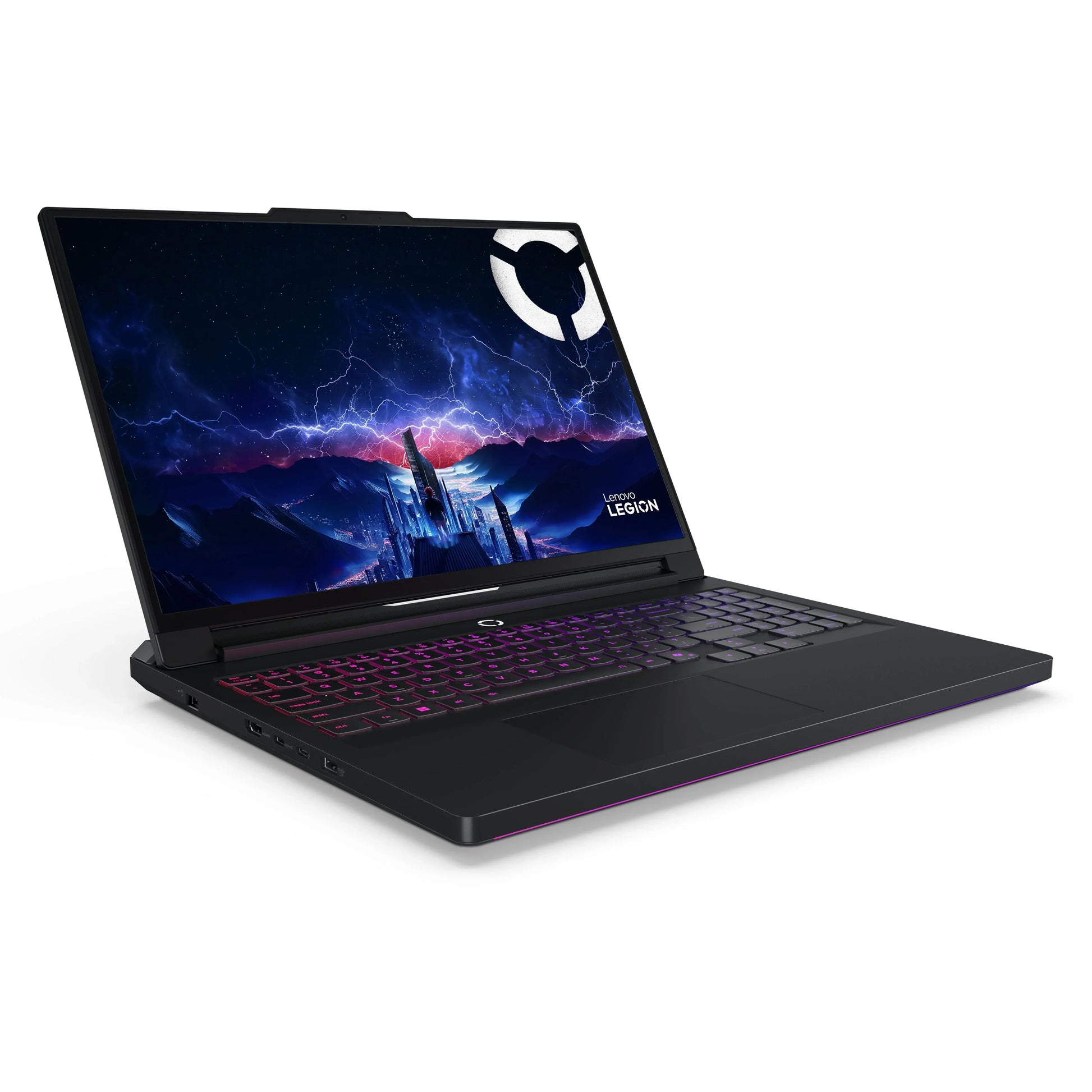 RGB backlit gaming laptop with open screen displaying futuristic landscape and dark chassis