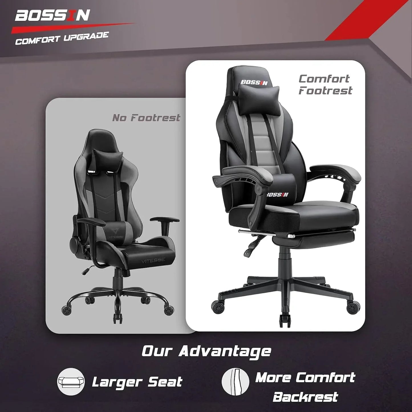 Comparison of gaming chairs showing Bossin model with comfort footrest and larger seat versus no footrest model