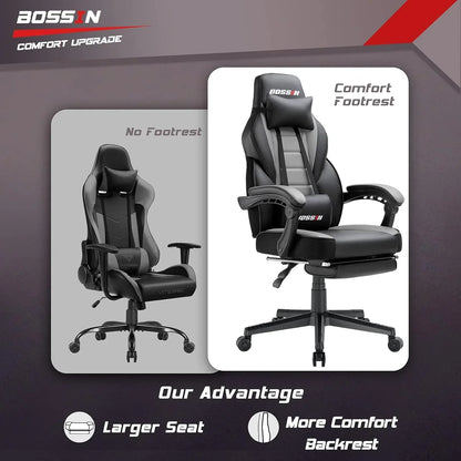 Comparison of gaming chairs showing Bossin model with comfort footrest and larger seat versus no footrest model