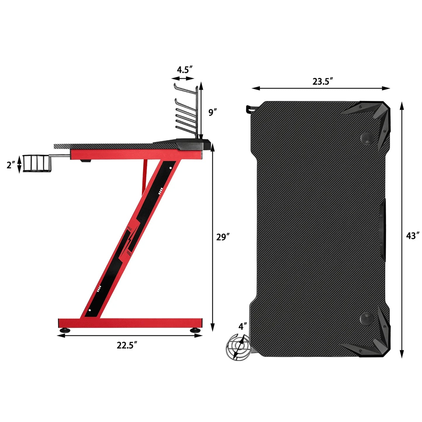 Red and black gaming desk with dimensions and accessory holders, shown from side and top views