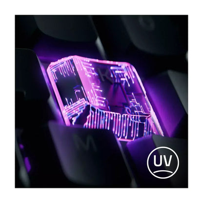 RGB backlit gaming keyboard with a transparent ultraviolet reactive keycap, neon purple lighting