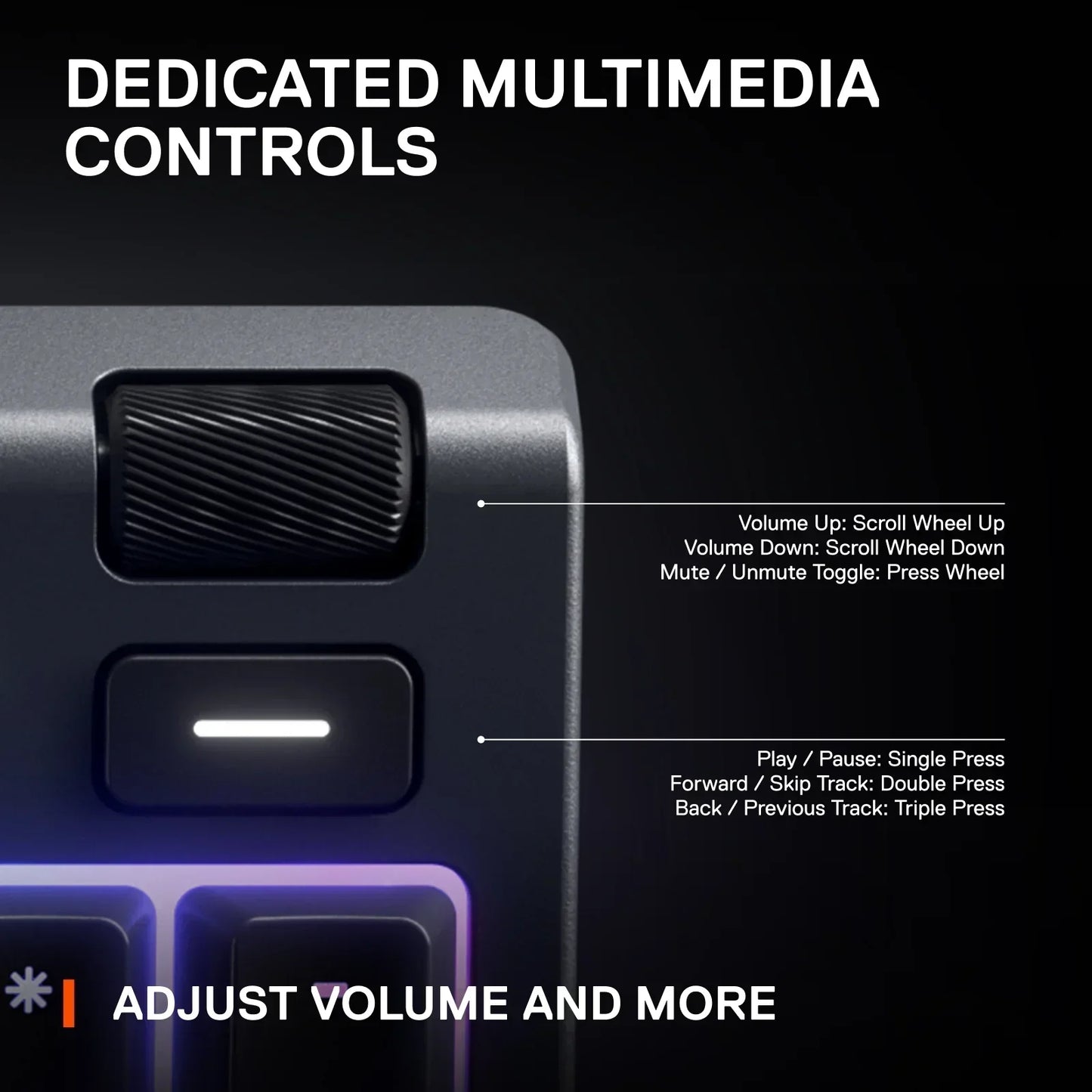Gaming keyboard with dedicated multimedia controls, volume wheel, and RGB backlighting