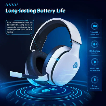 White gaming headset with cushioned ear cups and mic, highlighting long battery life and RGB lighting features