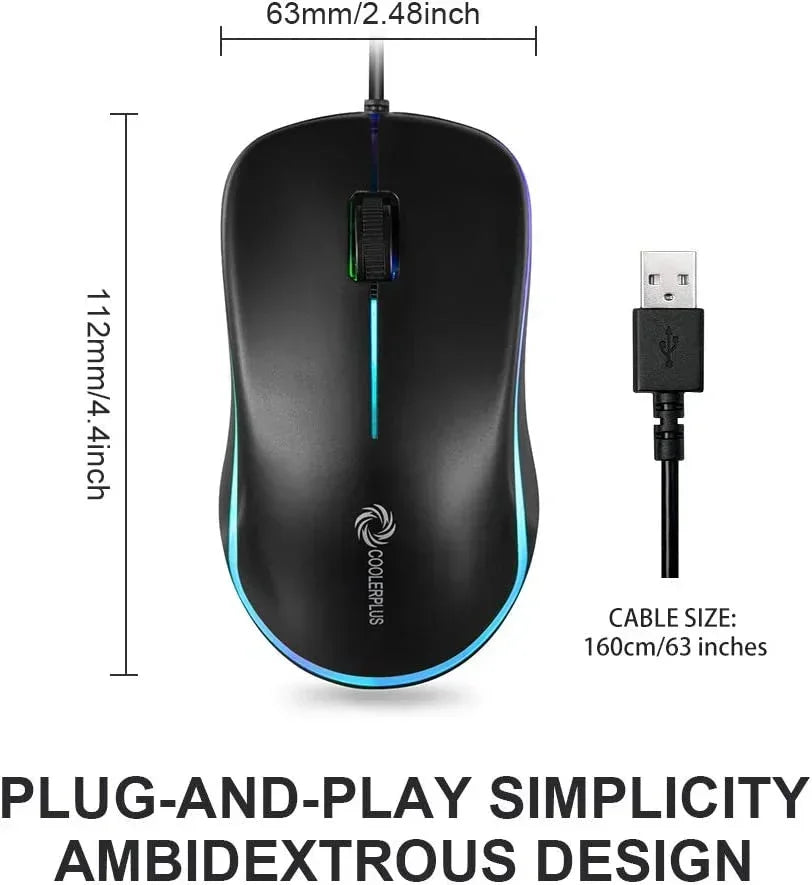 Black wired gaming mouse with RGB lighting, ambidextrous design, and USB connector, dimensions shown.