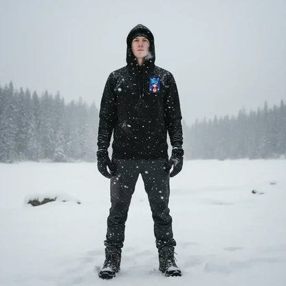 Man wearing black hoodie with anime print, gloves, and boots standing in snowy forest landscape
