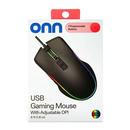 USB gaming mouse with RGB lighting, 7 programmable buttons, adjustable DPI, 6 ft cable