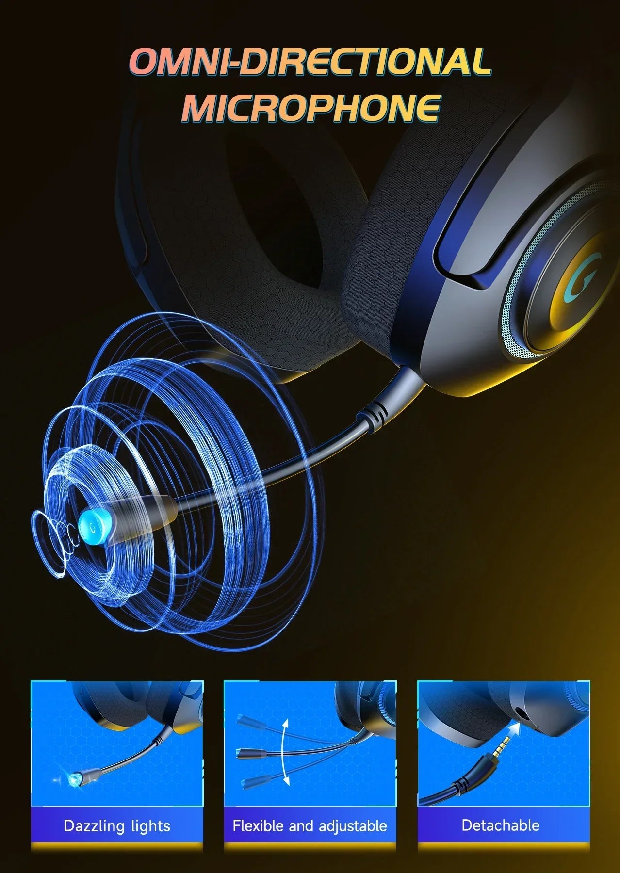 Gaming headset with omni-directional microphone featuring dazzling lights, flexible arm, and detachable design