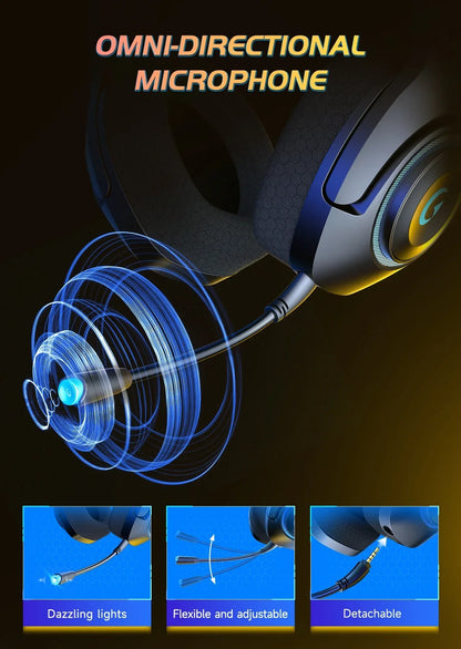 Gaming headset with omni-directional microphone featuring dazzling lights, flexible arm, and detachable design
