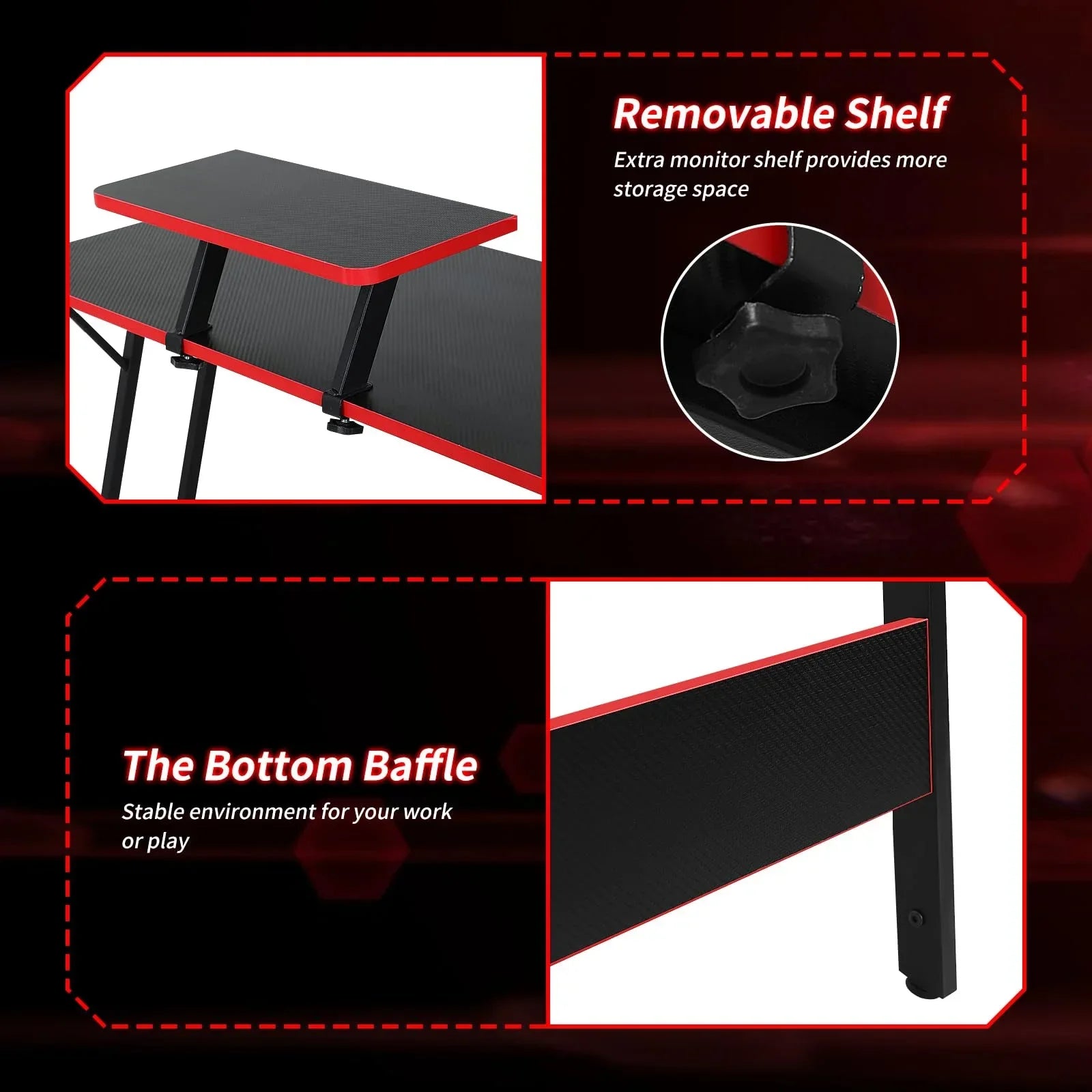 Gaming desk with removable monitor shelf and bottom baffle for extra storage and stability