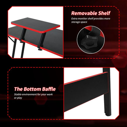 Gaming desk with removable monitor shelf and bottom baffle for extra storage and stability