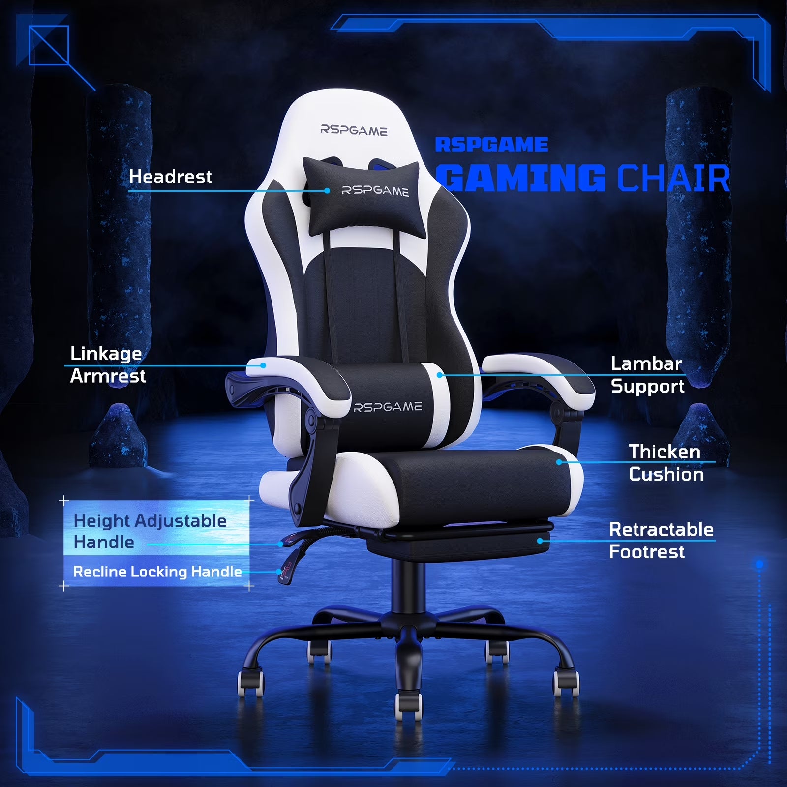 RSPGAME black and white gaming chair with headrest, lumbar support, and retractable footrest for ergonomic comfort