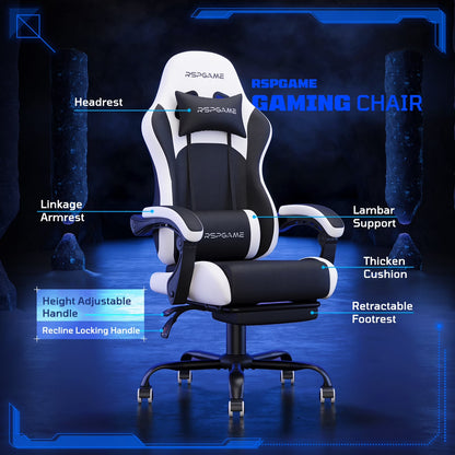 RSPGAME black and white gaming chair with headrest, lumbar support, and retractable footrest for ergonomic comfort