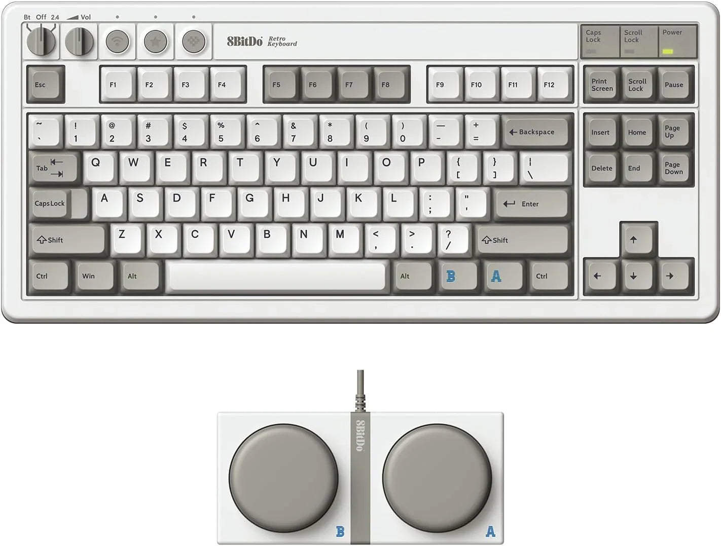 Retro 8BitDo mechanical keyboard in gray and white with dual programmable button pad.