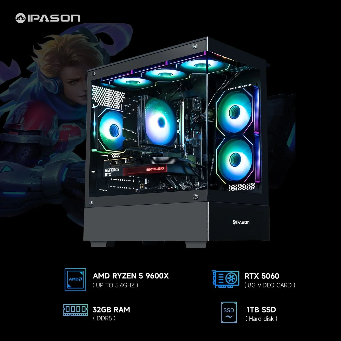 IPASON gaming PC with AMD Ryzen 5 9600X, RTX 5060, 32GB DDR5 RAM, 1TB SSD, RGB cooling fans
