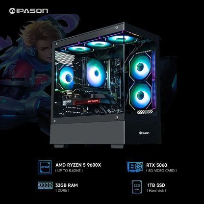 IPASON gaming PC with AMD Ryzen 5 9600X, RTX 5060, 32GB DDR5 RAM, 1TB SSD, RGB cooling fans