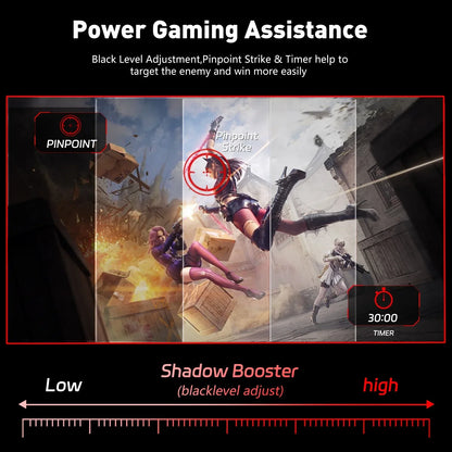 Gaming scene showing power gaming assistance with pinpoint strike and shadow booster black level adjustment