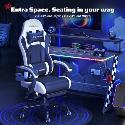 RSPGAME gaming chair with extra space, RGB desk setup, controller, and headset in a retro 8-bit inspired room