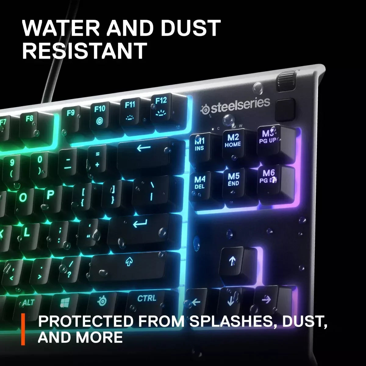 SteelSeries gaming keyboard with customizable RGB lighting, water and dust resistant with water droplets
