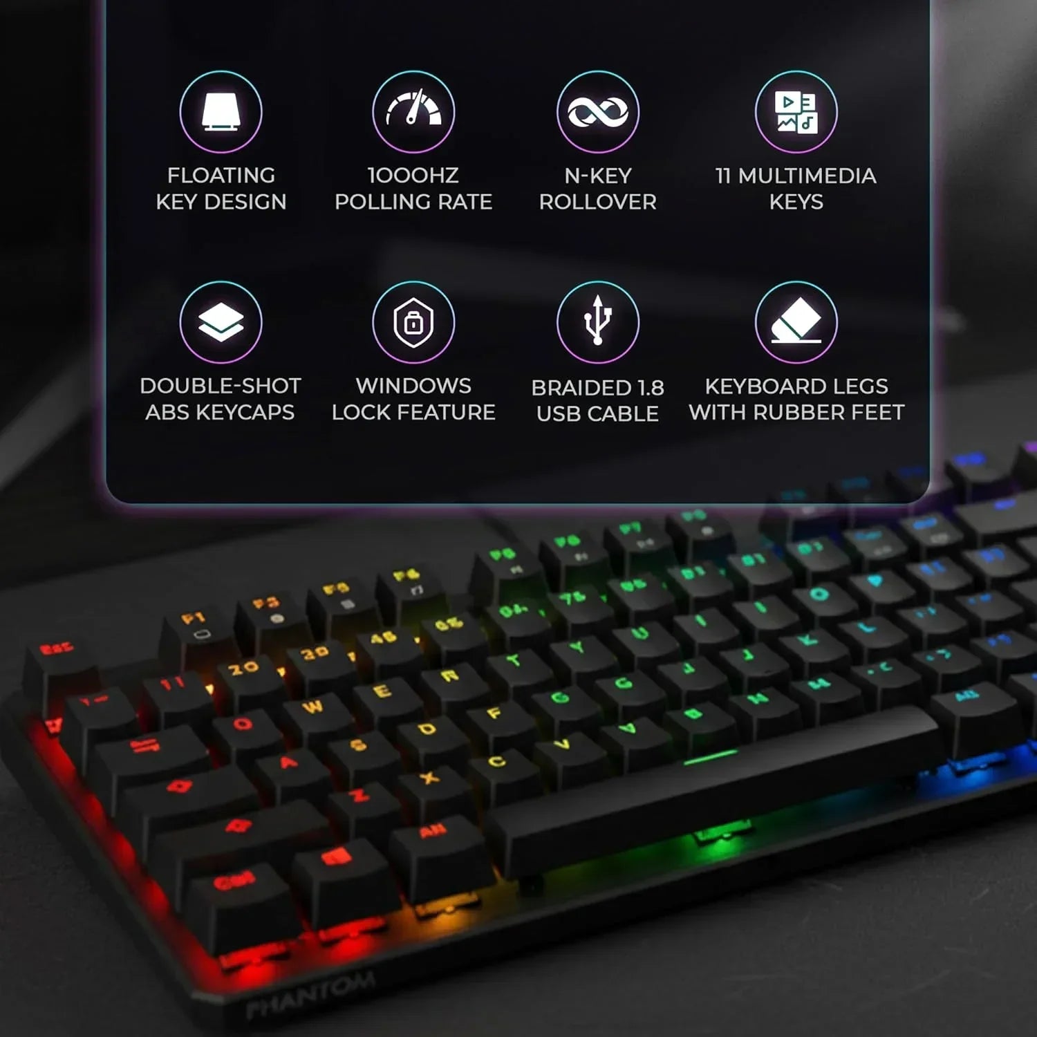 RGB gaming keyboard with floating key design, double-shot ABS keycaps, and feature icons