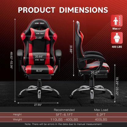 JonPony black and red gaming chair with detailed product dimensions and weight capacity up to 400 lbs