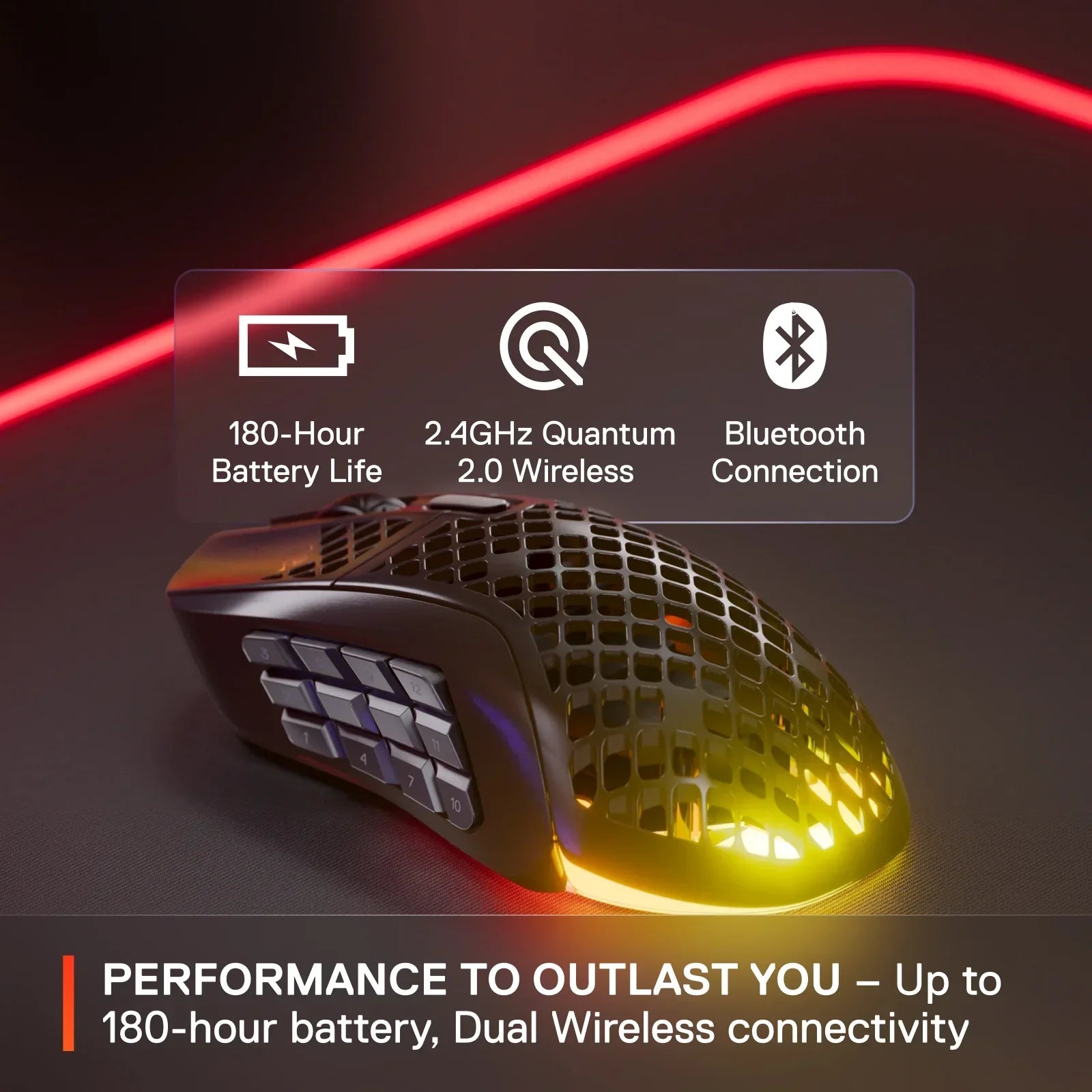 Black wireless gaming mouse with side buttons, honeycomb design, 180-hour battery, dual wireless, Bluetooth